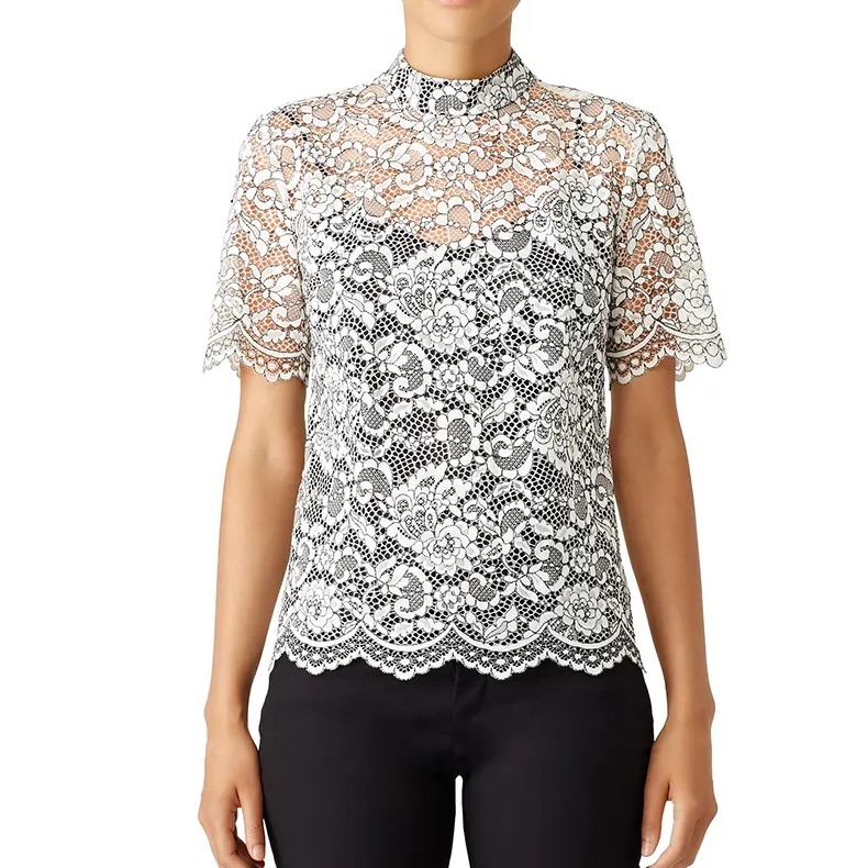 Trina Turk Damita Sakura Blossom Lace Short Sleeve Blouse Black White Size Xs